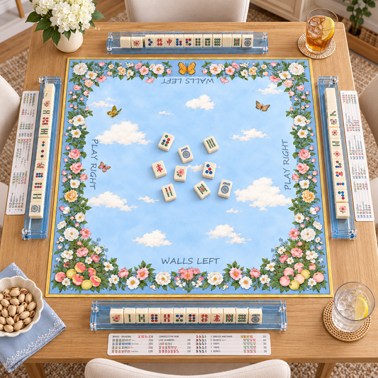 Overhead view of the Blue Butterfly Sky Mahjong Mat with mahjong tiles and racks on a wooden table.
