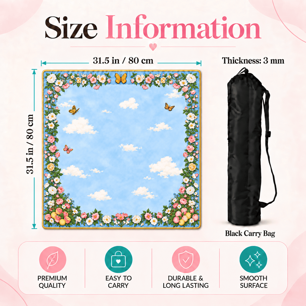 Blue Butterfly Sky Mahjong Mat size infographic showing a 31.5 in / 80 cm square mat and 3 mm thickness.