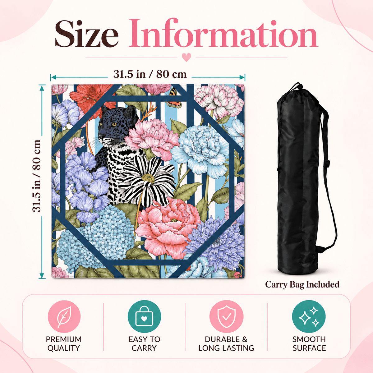 Black leopard floral mahjong mat size infographic showing 31.5 in / 80 cm dimensions, an included black carry bag, and four feature icons.