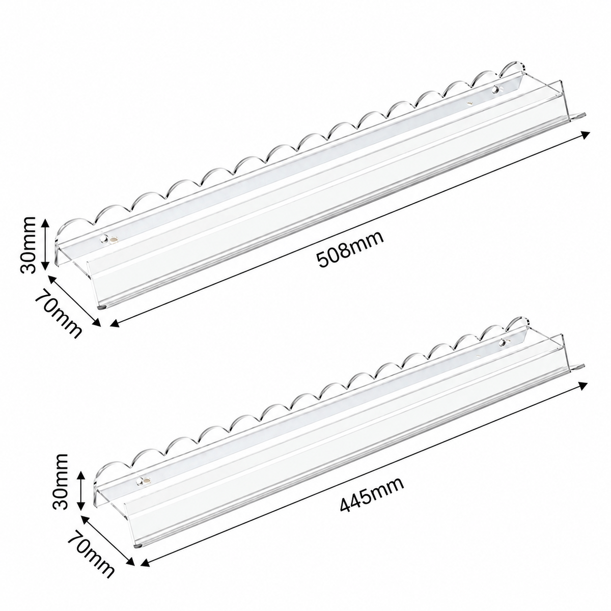 Clear mahjong rack size diagram showing 508 mm and 445 mm lengths, each 70 mm wide and 30 mm high.