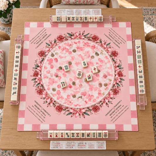 Overhead view of the Pink Floral Wreath Mahjong Mat with tiles and racks arranged on a wooden table.
