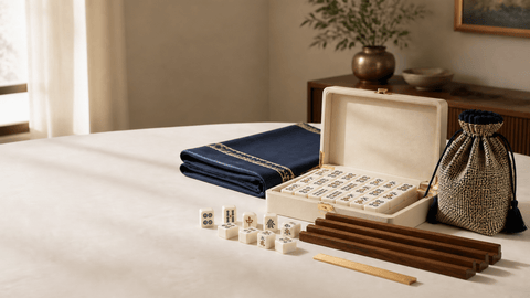 Premium mahjong set with tiles, mat, racks, and storage bag