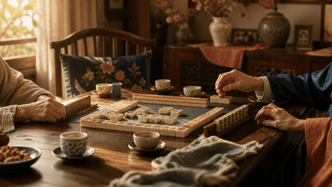 A multi-generational mahjong gathering around a wooden table