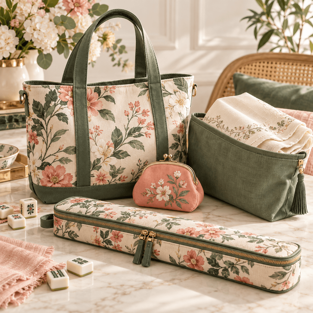 Floral tote bag, coin purse, tablecloth storage pouch, and long accessory case arranged together in pink and green tones.