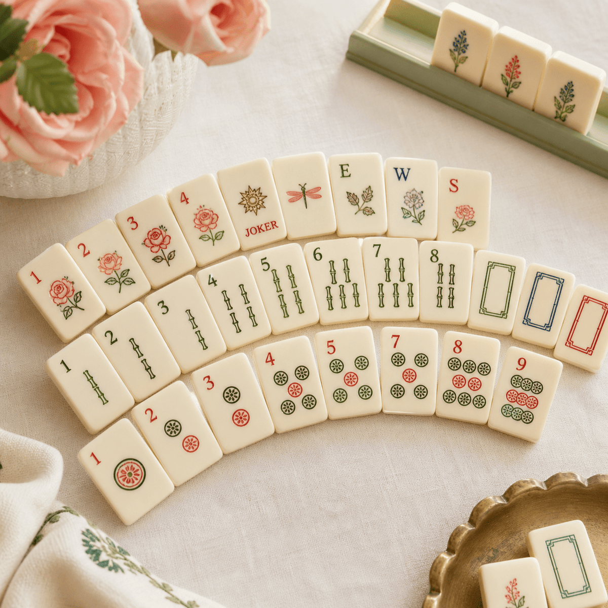 Ivory mahjong tiles featuring colorful floral, bamboo, dot, wind, and joker designs.