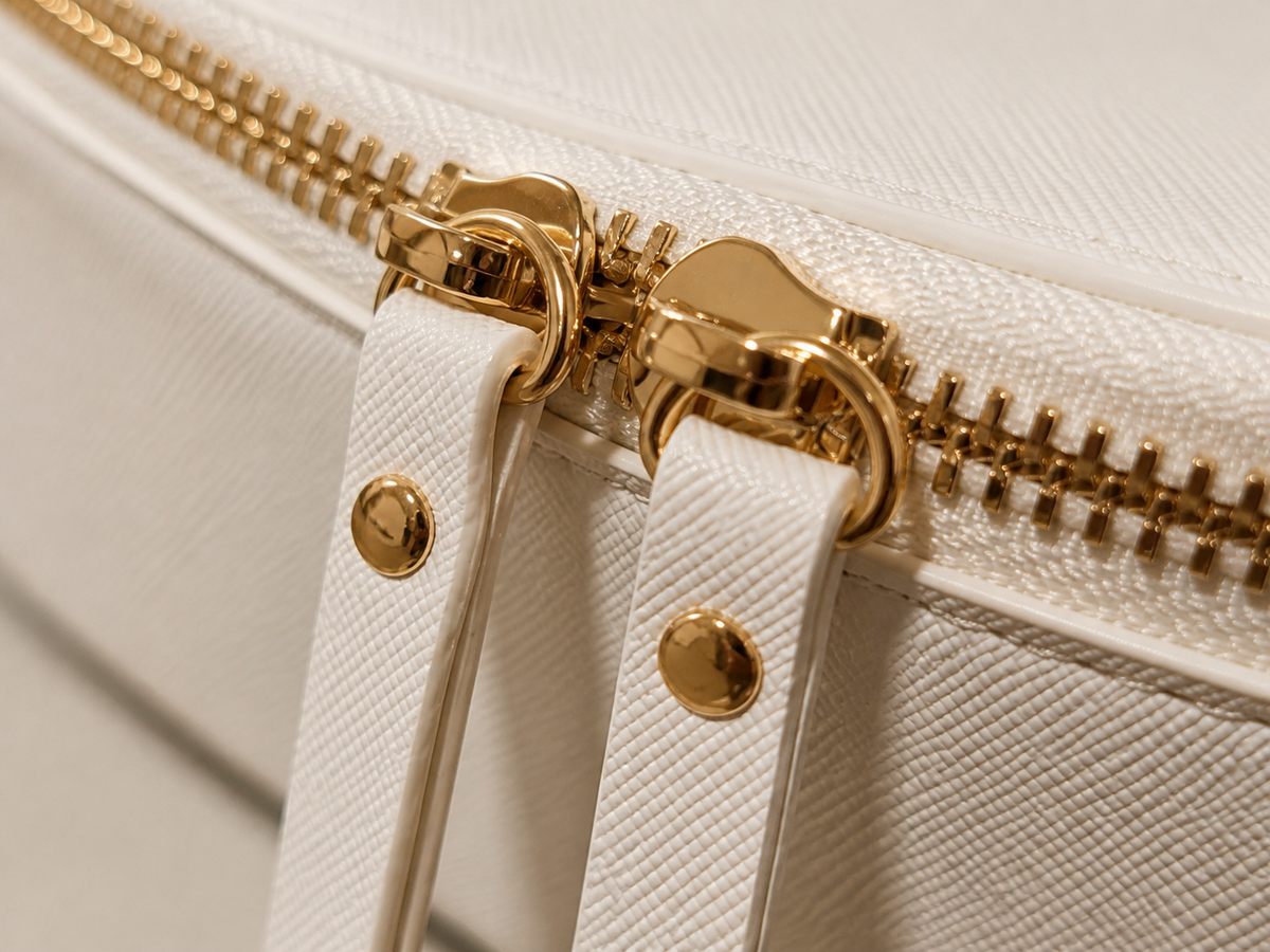Close‑up of premium gold zipper on white storage bag