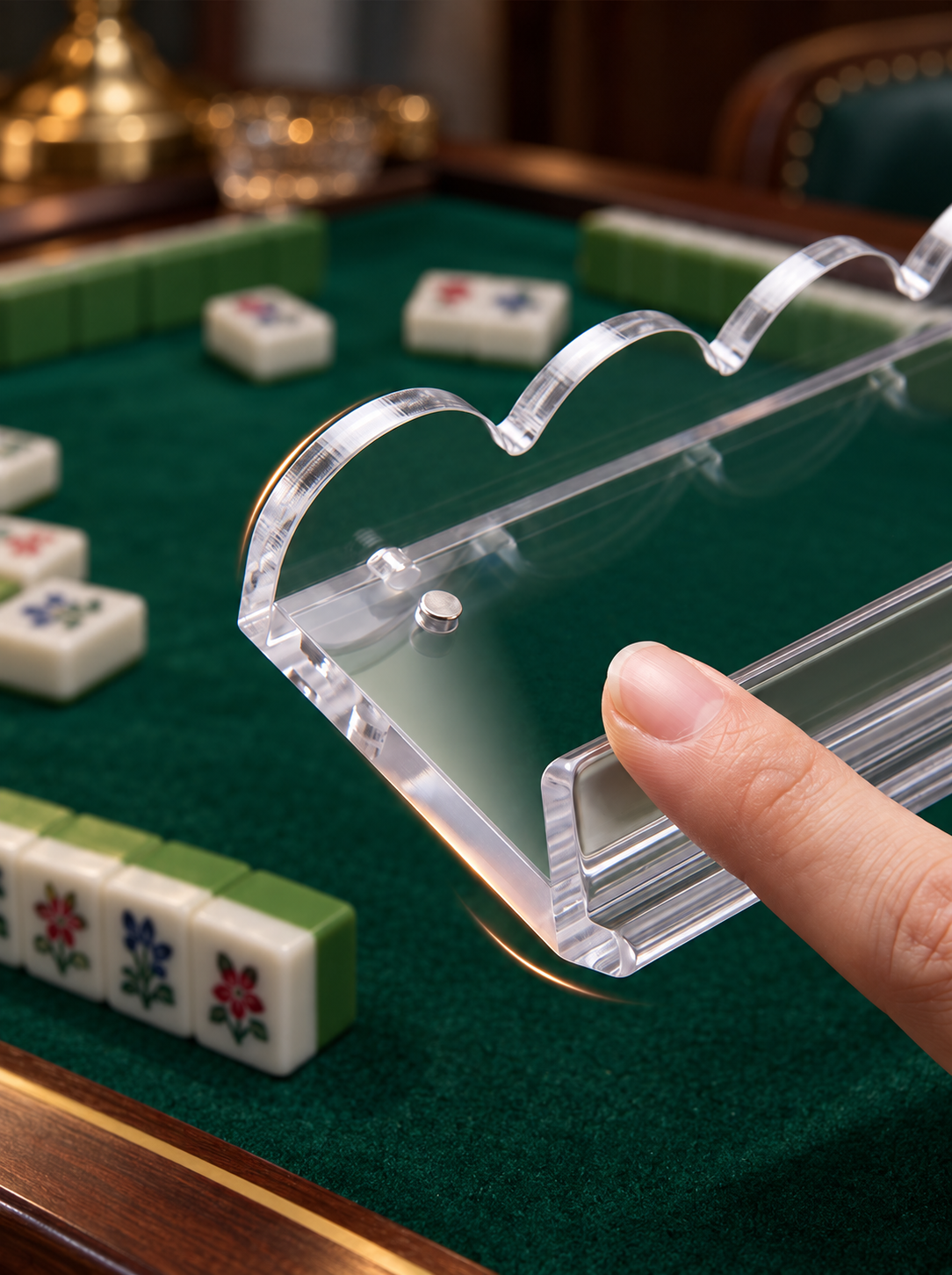 Clear acrylic American Mahjong tile rack held by a hand over a green felt Mahjong table with tiles in the background.