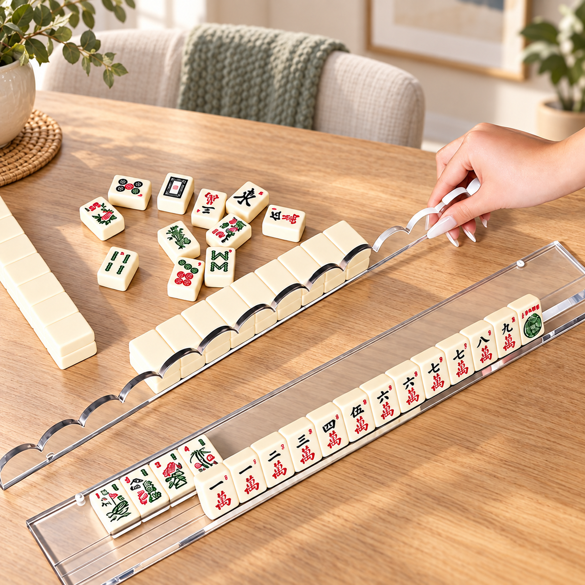 American mahjong rack with ivory tiles on a warm wood table