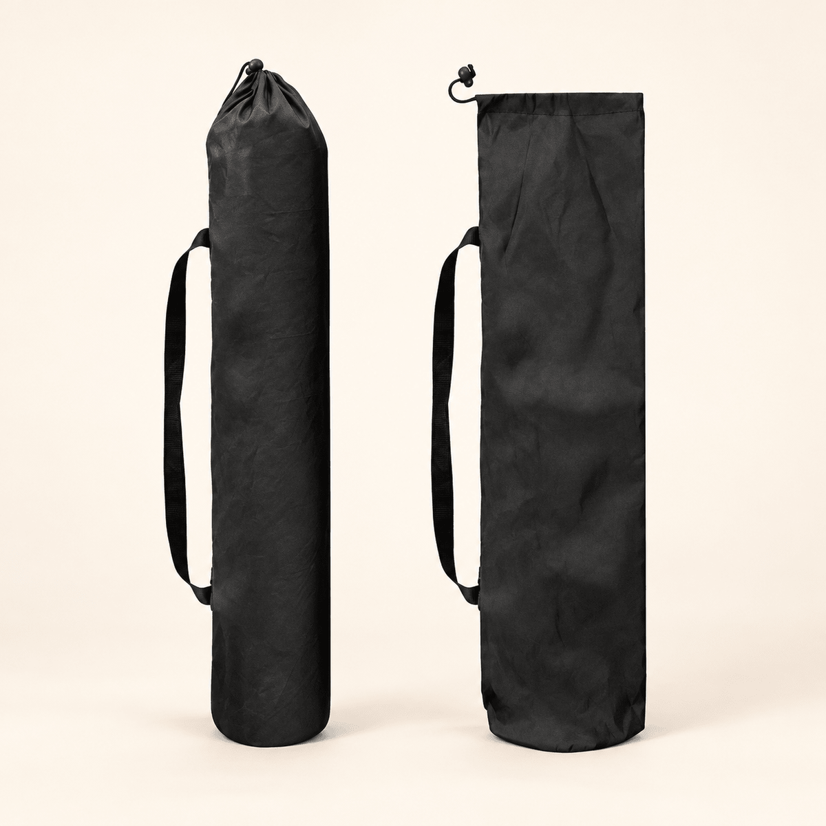 Black mahjong mat storage bag shown filled with the drawstring closed and empty with the opening expanded
