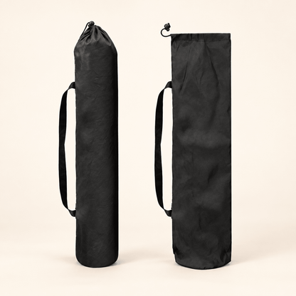 Black mahjong mat storage bag shown filled with the drawstring closed and empty with the opening expanded