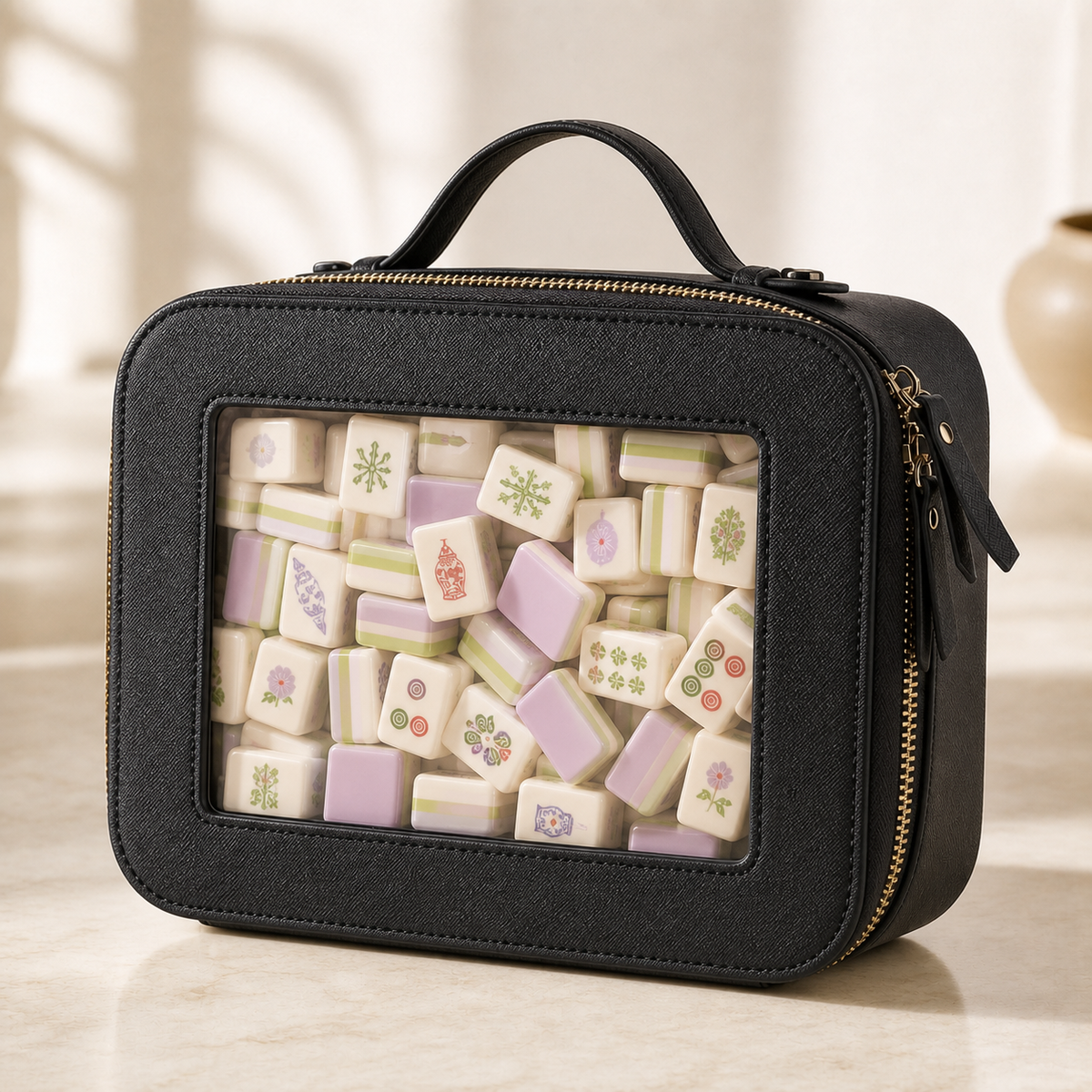 Black clear‑window mahjong bag with floral mahjong tiles inside