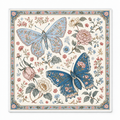 Square mahjong mat featuring light and dark blue butterflies, delicate flowers, and an ornate blue and gold floral border on an ivory background, displayed against white.