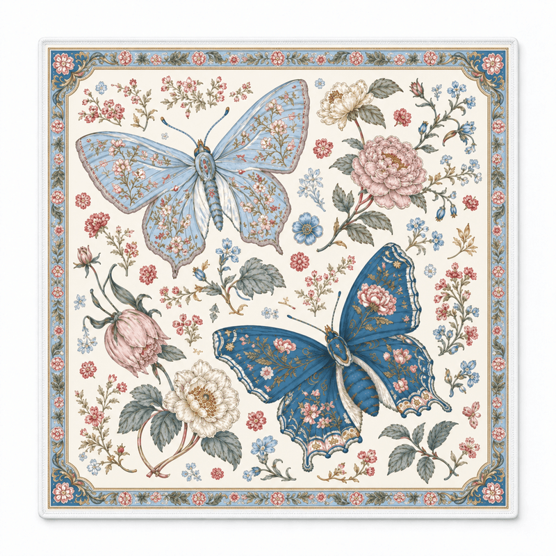 Blue Butterfly Garden American mahjong mat with blue butterflies and a floral border – 31.5 inch square