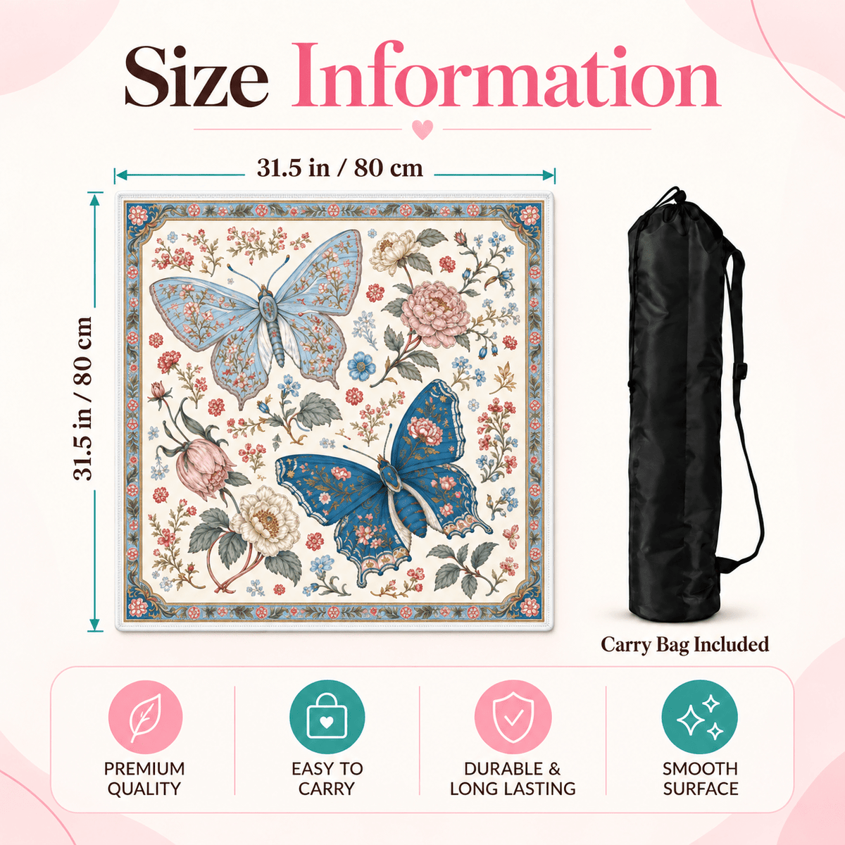 Blue butterfly floral mahjong mat size infographic showing 31.5 in / 80 cm dimensions, an included black carry bag, and four feature icons.