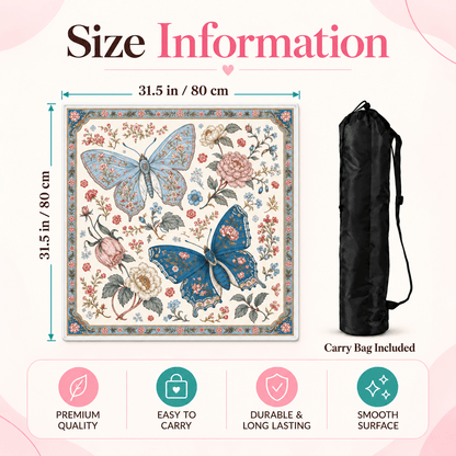 Blue butterfly floral mahjong mat size infographic showing 31.5 in / 80 cm dimensions, an included black carry bag, and four feature icons.