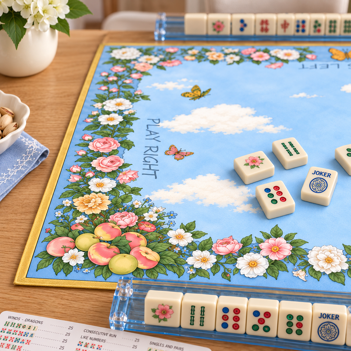 Angled view of the Blue Butterfly Sky Mahjong Mat showing clouds, butterflies, floral border, and mahjong tiles.