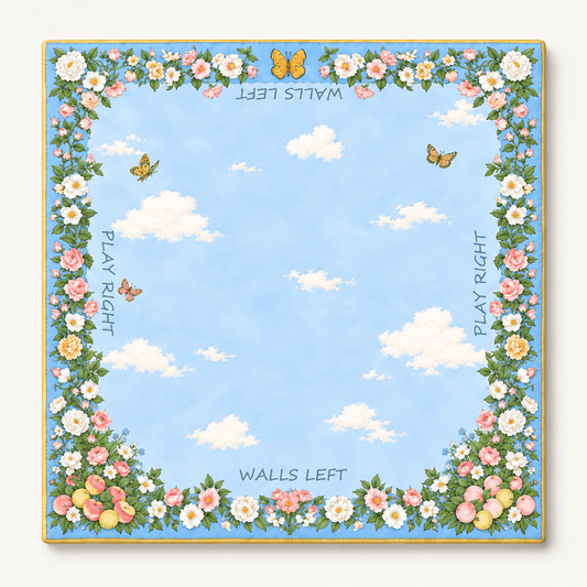 Square Blue Butterfly Sky Mahjong Mat with a cloud-blue center, small butterflies, and a colorful floral border, displayed against white.