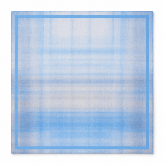 Square mahjong mat with a soft blue plaid pattern and medium blue double border.