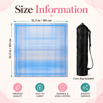 MahjCove blue grid mahjong mat size infographic showing 31.5 in / 80 cm dimensions, included black carry bag, and four feature icons.