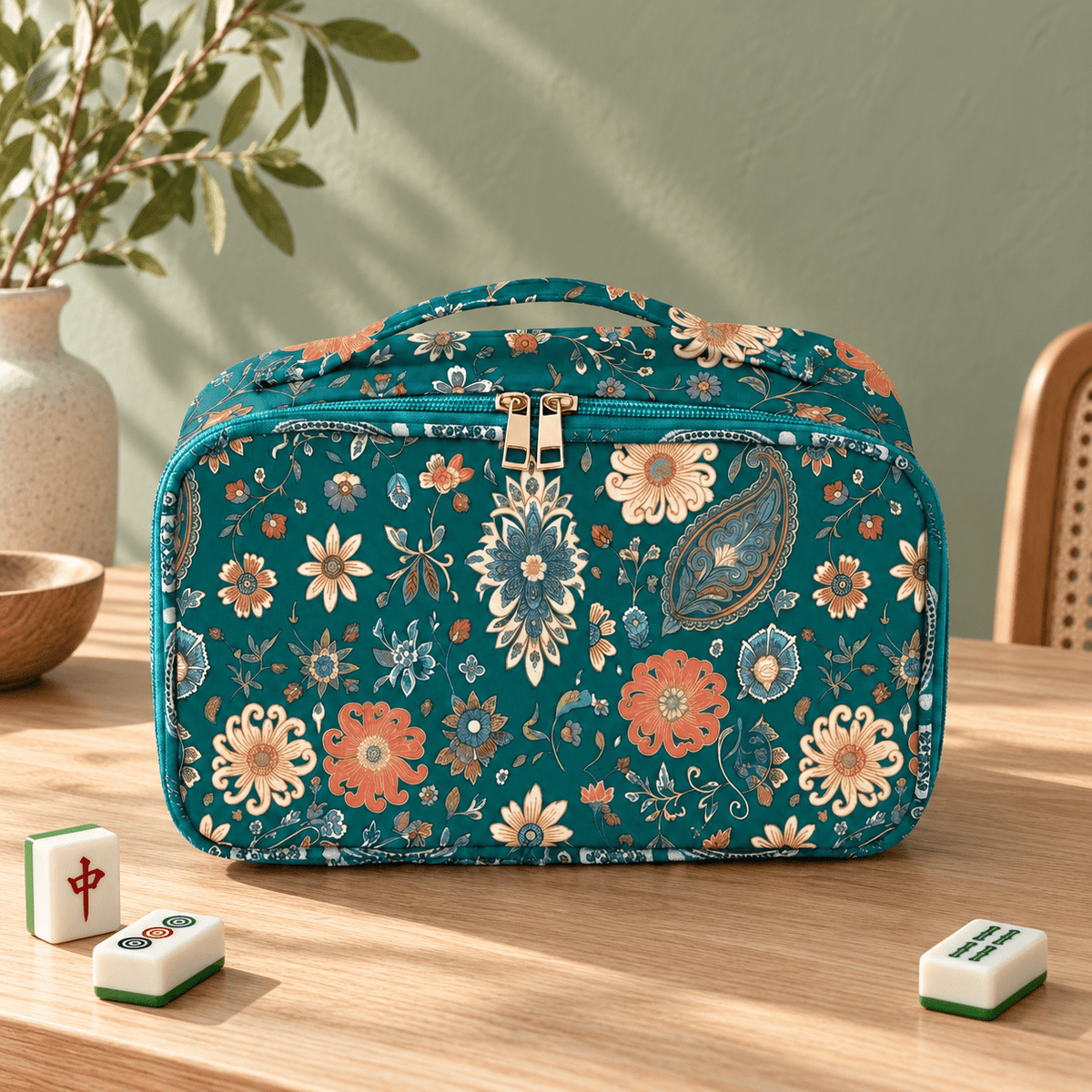 Teal bohemian floral Mahjong bag with zippered storage on a light wood table