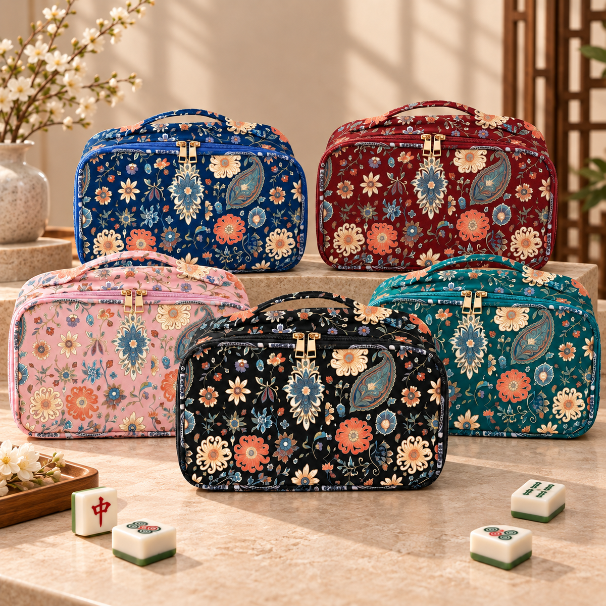 Five-color bohemian floral Mahjong bag collection in black, blue, burgundy, pink, and teal, displayed with Mahjong tiles
