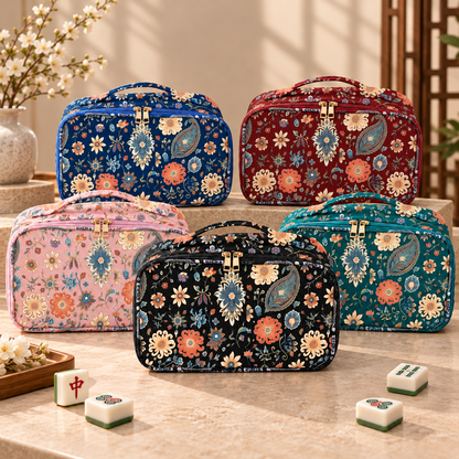 Five-color bohemian floral Mahjong bag collection in black, blue, burgundy, pink, and teal, displayed with Mahjong tiles