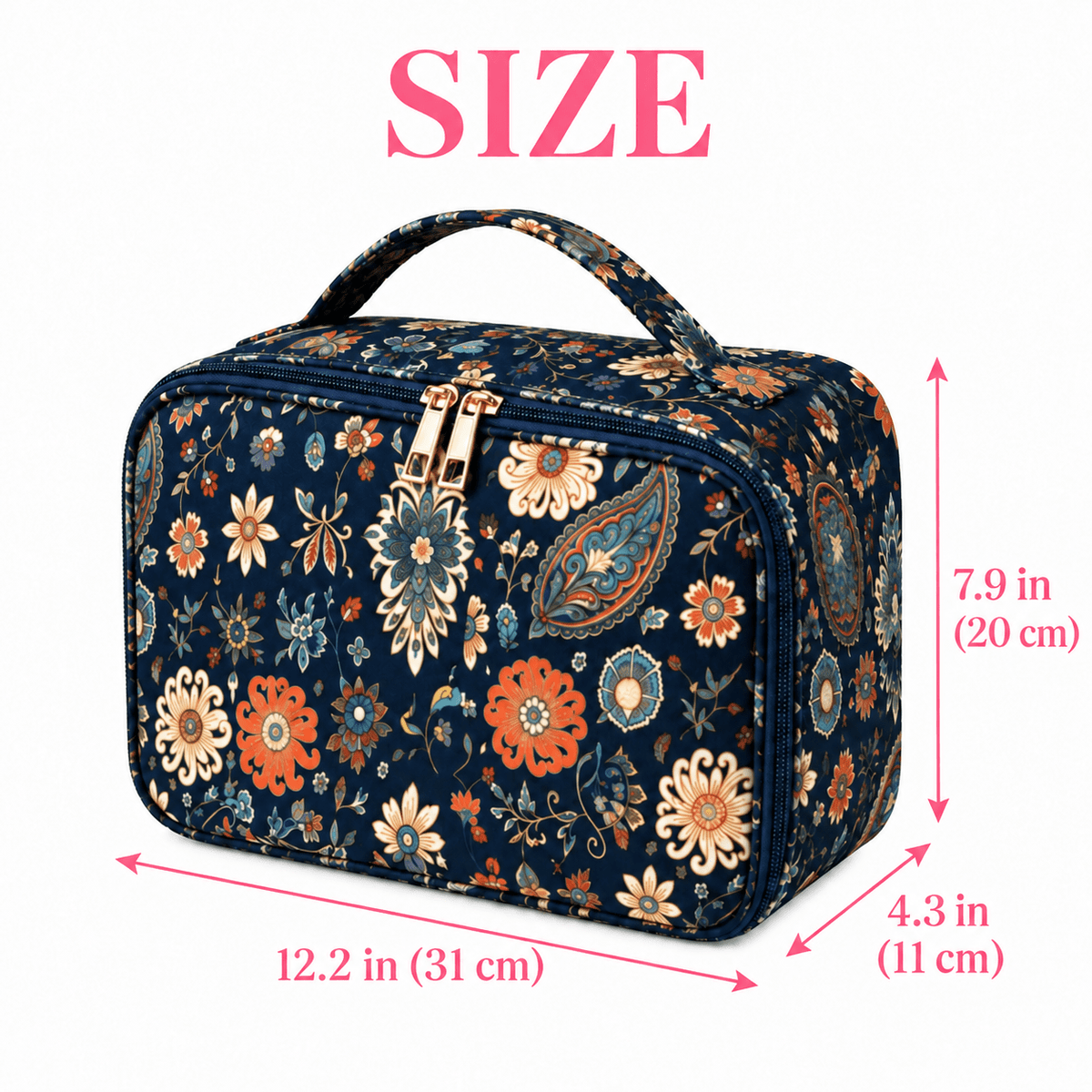 Bohemian floral Mahjong bag size chart showing 12.2 in (31 cm), 7.9 in (20 cm), and 4.3 in (11 cm)