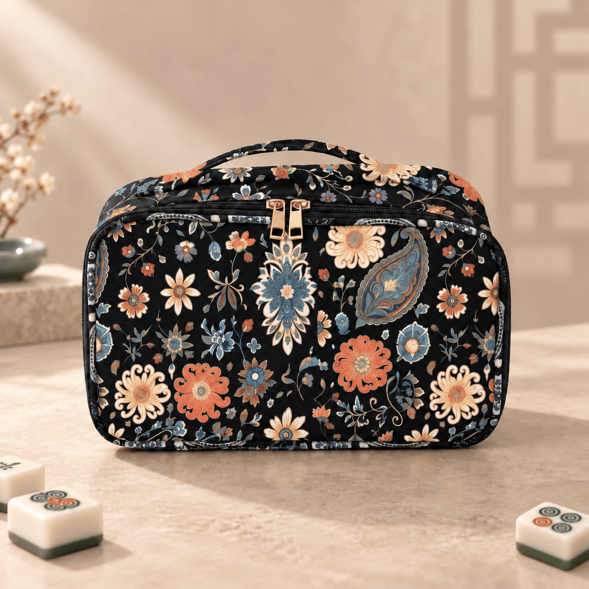 Black bohemian floral Mahjong bag with decorative Mahjong tiles