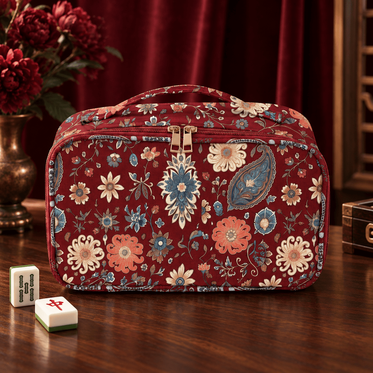 Burgundy bohemian floral Mahjong bag with zippered storage on a dark wood table