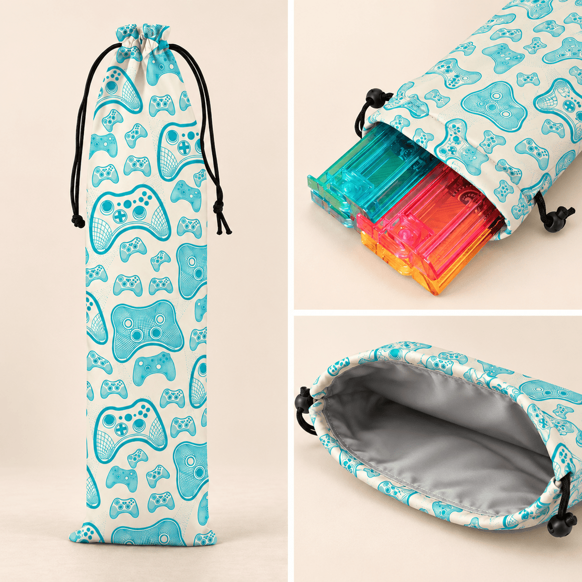 Game controller pattern Cartoon Mahjong Rack Storage Bag three-panel image showing exterior, rack storage use, and gray lining
