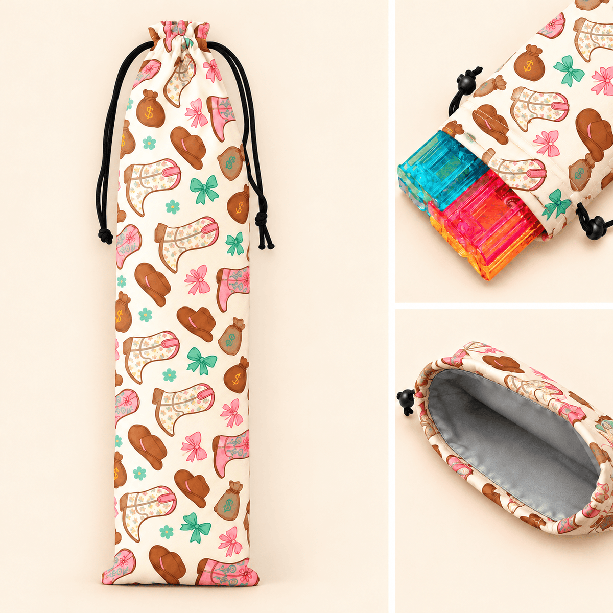 Cowboy boots pattern Cartoon Mahjong Rack Storage Bag three-panel image showing exterior, rack storage use, and gray lining