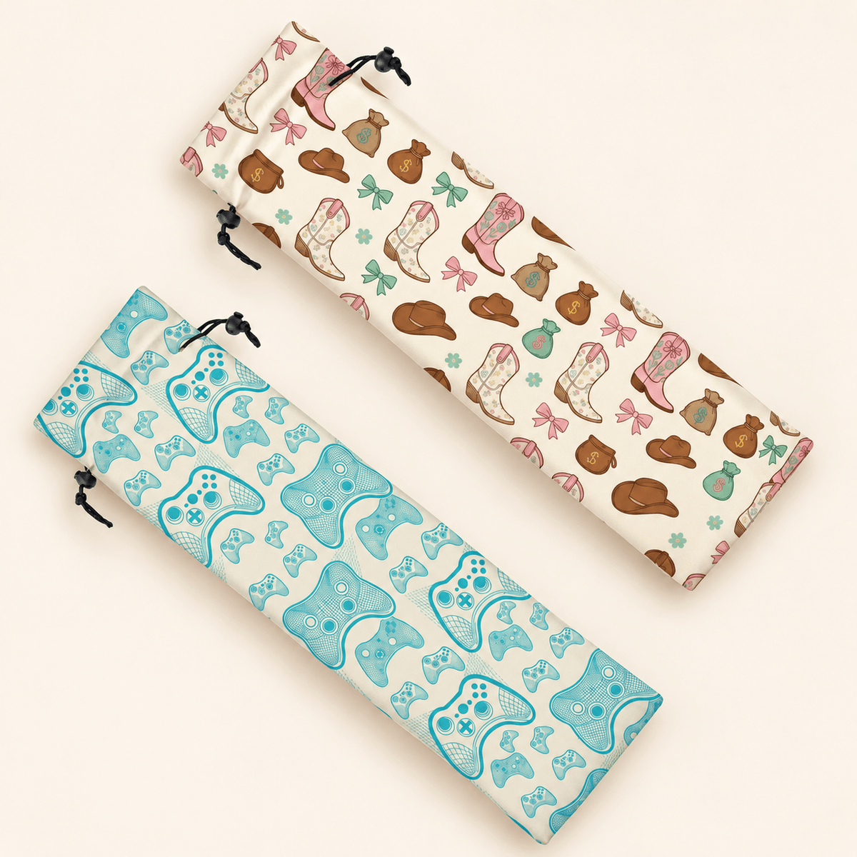 Cartoon Mahjong Rack Storage Bag main image featuring game controller and cowboy boots patterns