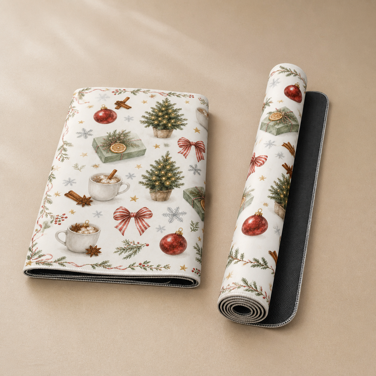 Folded and rolled Christmas themed mahjong game mat