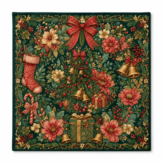 Square dark green mahjong mat decorated with poinsettias, holly, bows, bells, gifts, and a Christmas stocking.
