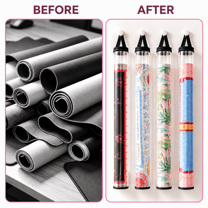 Loose rolled mahjong mats compared with mats hanging neatly in clear storage bags.