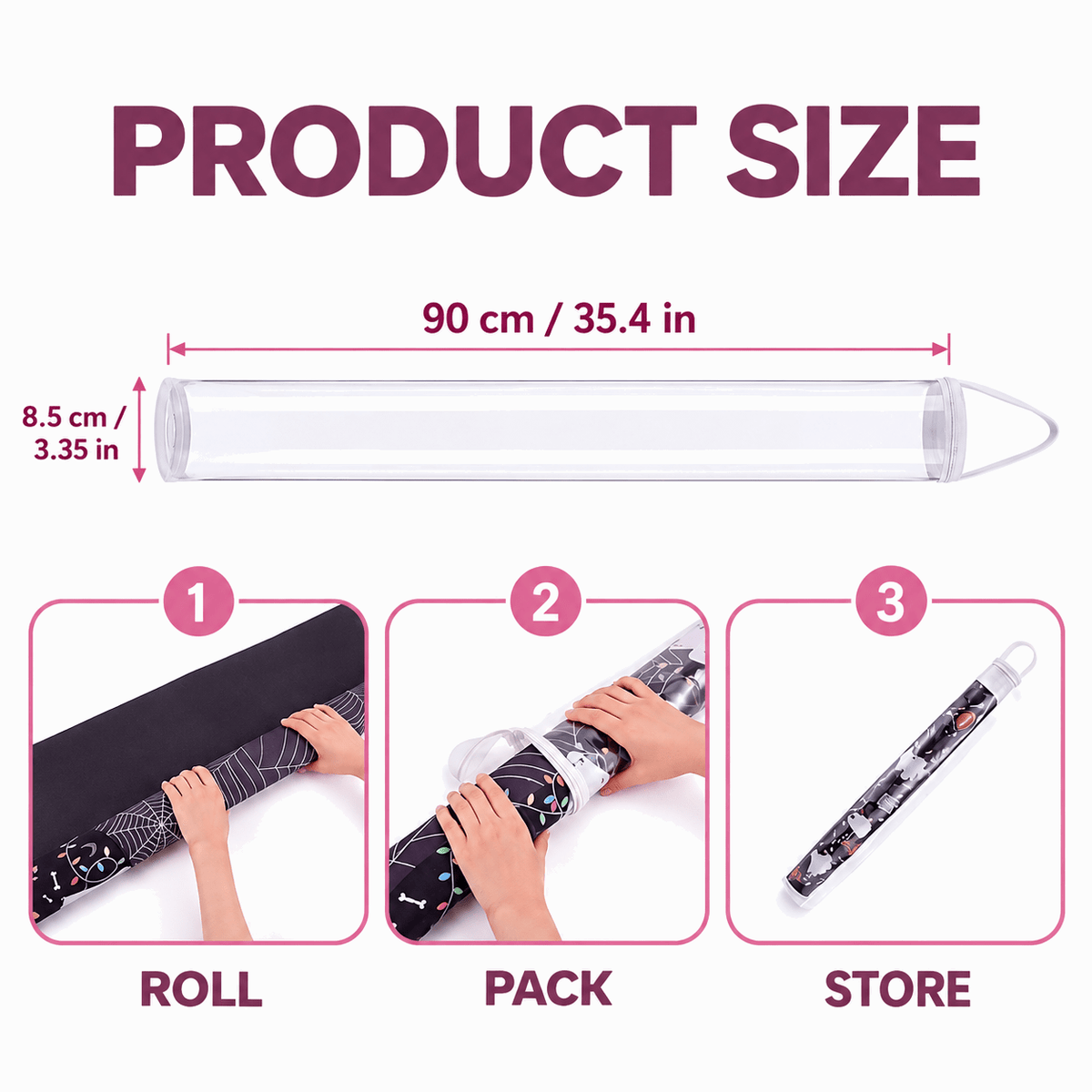 Clear storage bag size guide showing 90 cm length, 8.5 cm width, and three packing steps.