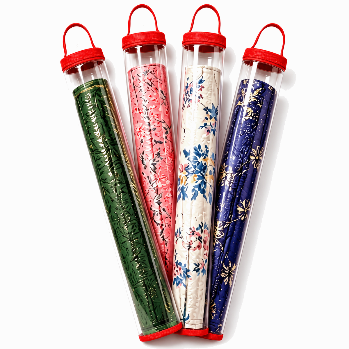 Four clear PVC mahjong mat storage bags with red trim and rolled floral mats