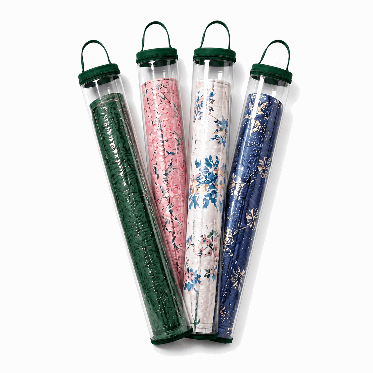 Four clear PVC mahjong mat storage bags with dark green trim and rolled floral mats