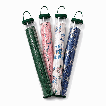 Four clear PVC mahjong mat storage bags with dark green trim and rolled floral mats