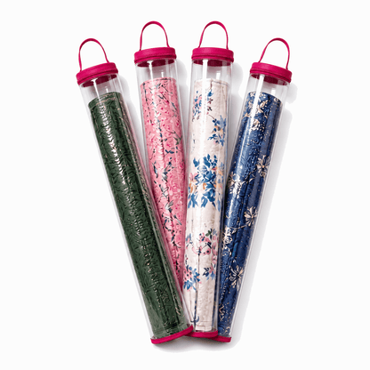 Four clear PVC mahjong mat storage bags with magenta trim and rolled floral mats