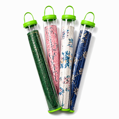 Four clear PVC mahjong mat storage bags with lime green trim and rolled floral mats