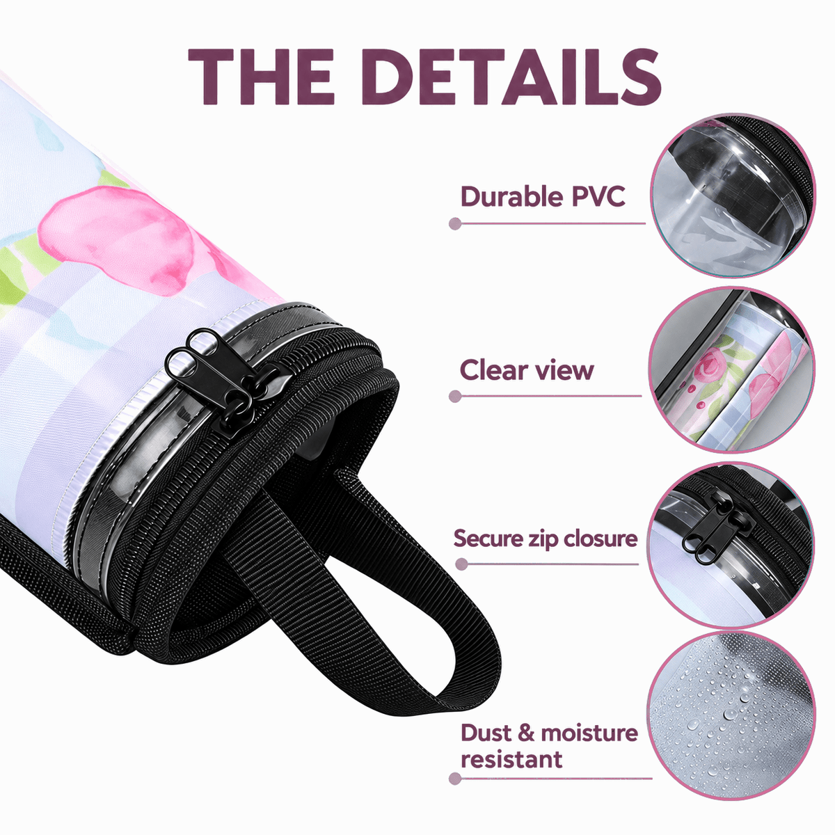 Close-up of clear PVC material, contents, zip closure, and moisture-resistant surface