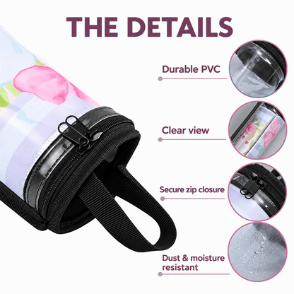 Close-up of clear PVC material, contents, zip closure, and moisture-resistant surface
