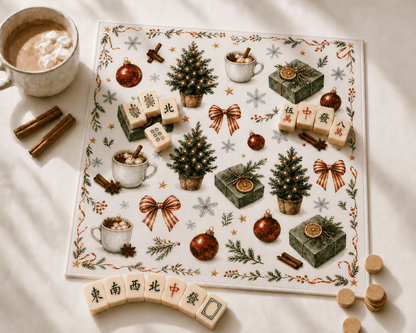 Cream holiday mahjong mat with festive trees and ornaments, surrounded by loose tiles and small wooden game pieces.
