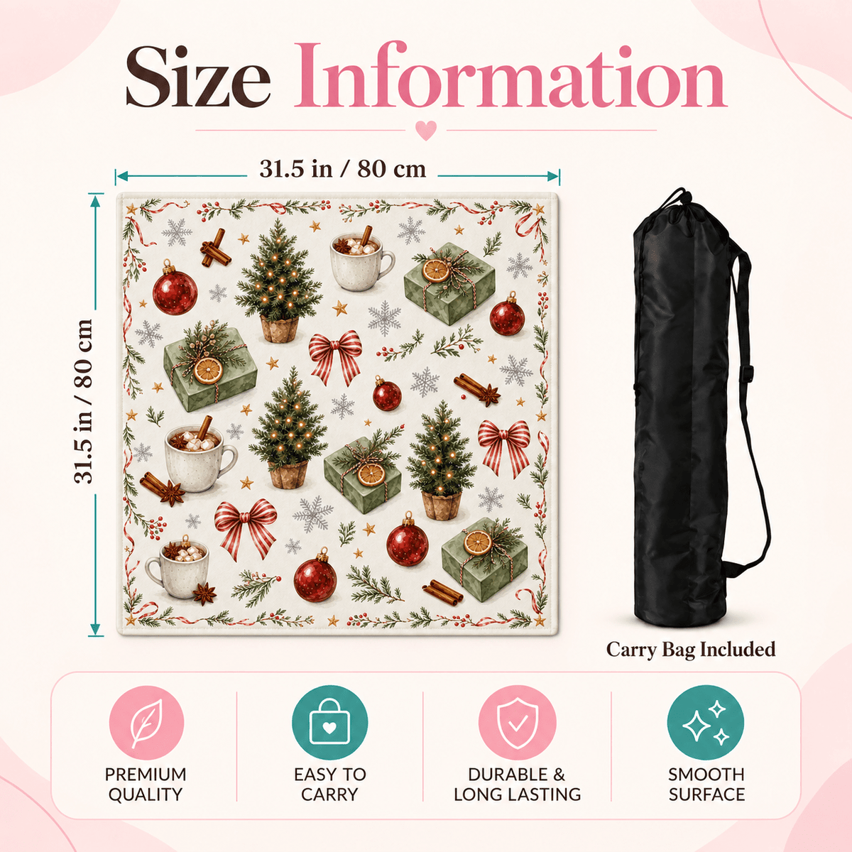 MahjCove neutral Christmas mahjong mat size infographic showing 31.5 in / 80 cm dimensions, included black carry bag, and four feature icons.