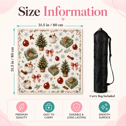 MahjCove neutral Christmas mahjong mat size infographic showing 31.5 in / 80 cm dimensions, included black carry bag, and four feature icons.