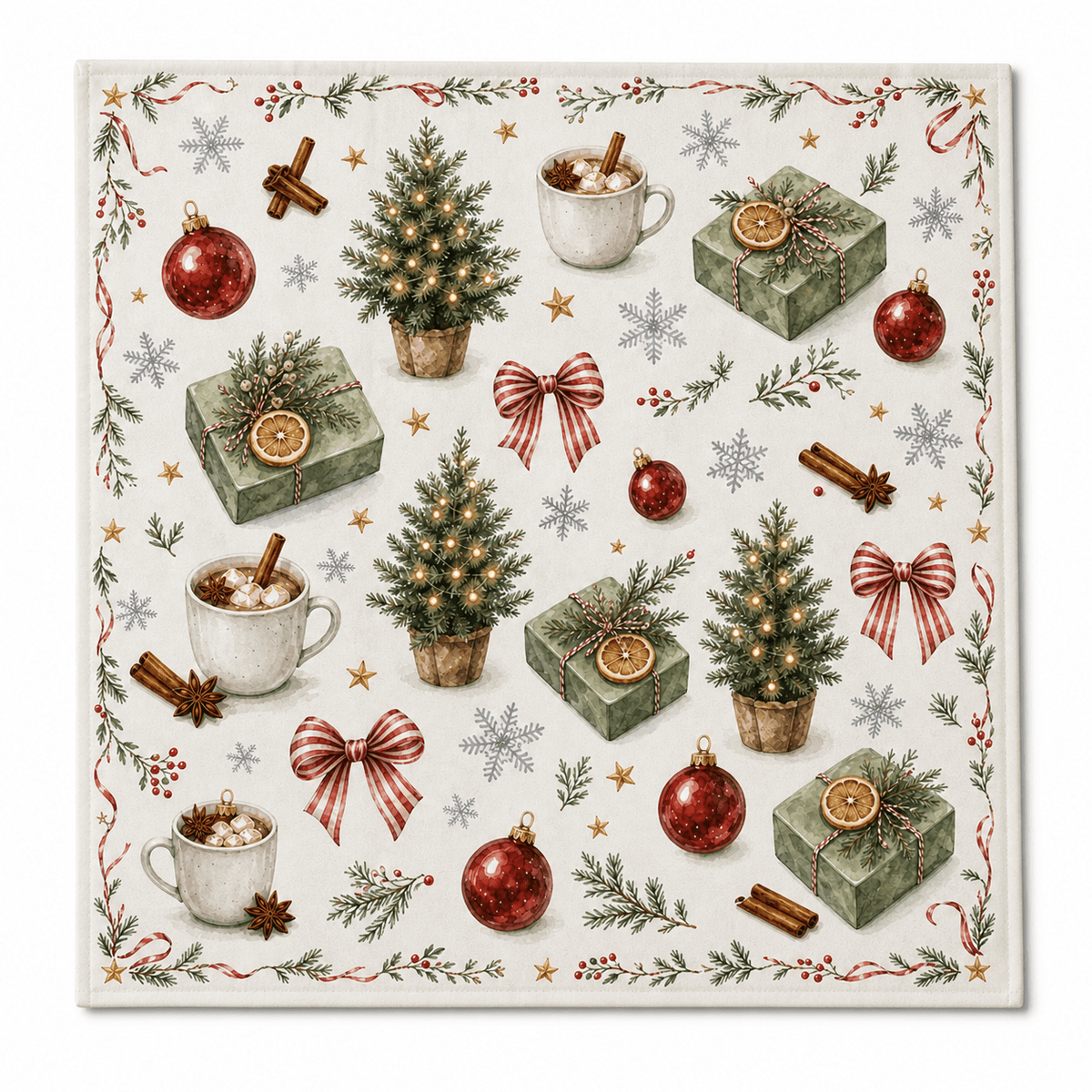 Square cream mahjong mat decorated with Christmas trees, ornaments, bows, gifts, cocoa mugs, cinnamon sticks, and snowflakes.