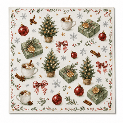 Square cream mahjong mat decorated with Christmas trees, ornaments, bows, gifts, cocoa mugs, cinnamon sticks, and snowflakes.
