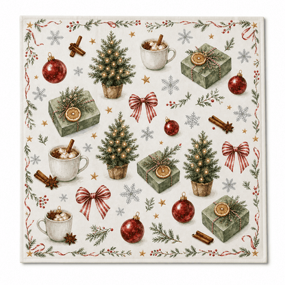 Square cream mahjong mat decorated with Christmas trees, ornaments, bows, gifts, cocoa mugs, cinnamon sticks, and snowflakes.