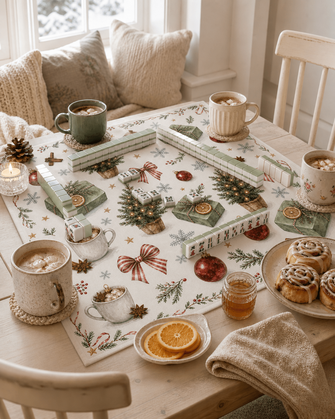 Cream holiday mahjong mat arranged for a game in a bright dining nook with warm drinks, cookies, and dried orange slices.